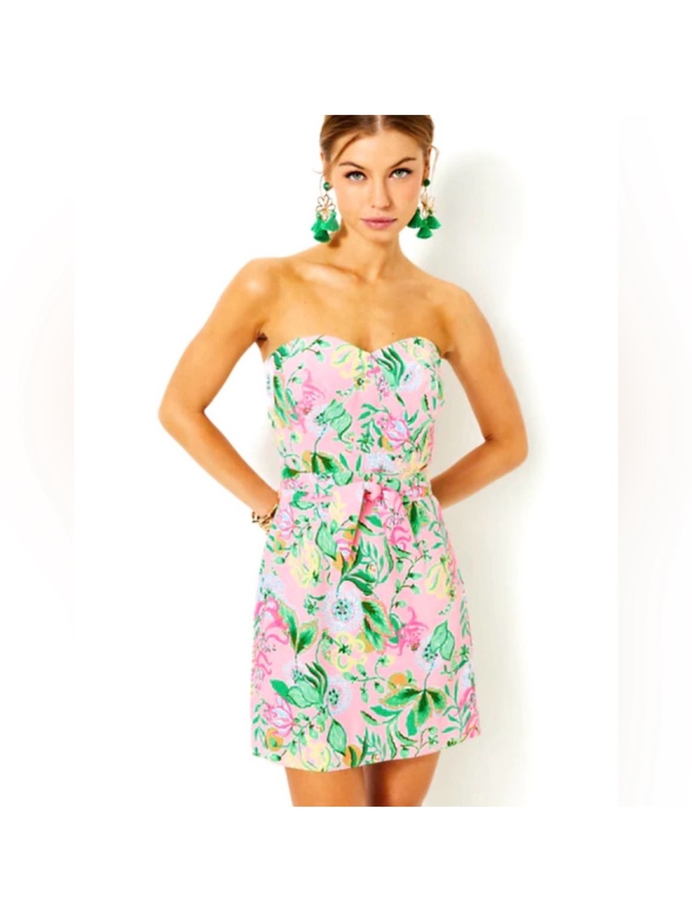 Lilly Pulitzer Pink Floral Strapless Sweetheart Dress with Green Botanicals